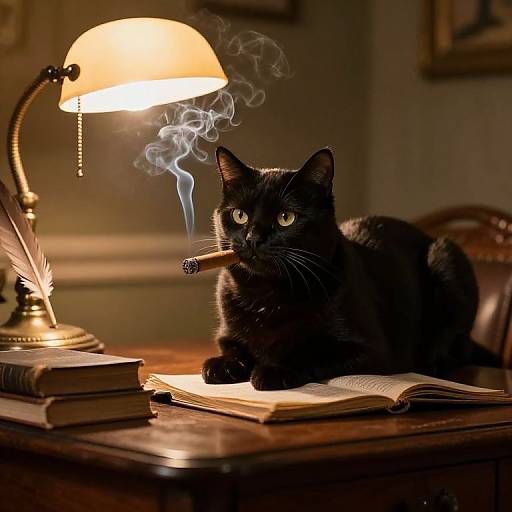 Photograph of a black cat with a cigar in its mouth, sitting on an open book under a glowing desk lamp.
