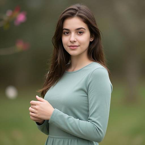 Realistic Portrait of Woman in Sage Dress