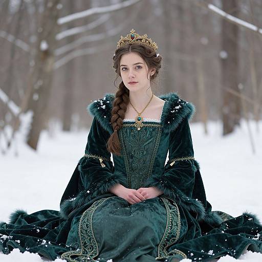 Photograph of a fair-skinned, red-haired woman in a black, fur-trimmed Victorian dress and gold crown, seated in a snowy forest
