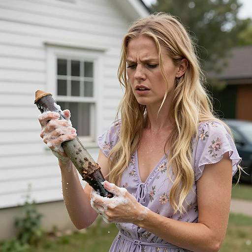 Woman Cleaning Dirty Outdoor Object