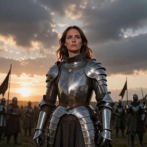 Photograph of a determined woman in medieval silver armor standing at sunset, with a cloudy sky and silhouetted soldiers in the background.