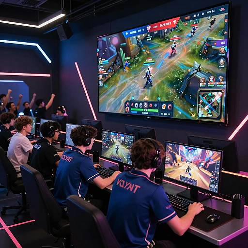 Photograph of a group of young male gamers in blue shirts, focused on a large screen displaying a vibrant, action-packed MOBA game, with neon