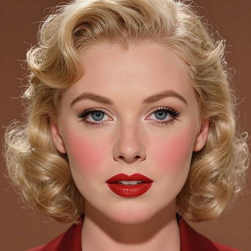 Photorealistic digital portrait of a fair-skinned, blonde woman with curled hair, blue eyes, red lipstick, and a red collar, against a
