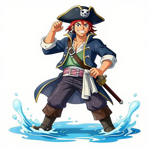 Digital anime-style drawing of a confident, red-haired pirate with a skull hat, blue coat, white shirt, black pants, and sword, standing in