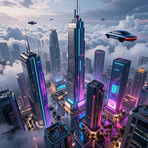 Digital CGI of a futuristic cityscape with neon-lit skyscrapers, flying cars, and UFOs amidst clouds, under a twilight sky.