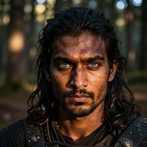 Photograph of a rugged, dark-haired man with striking blue eyes, worn leather armor, and a forest background, illuminated by soft light.