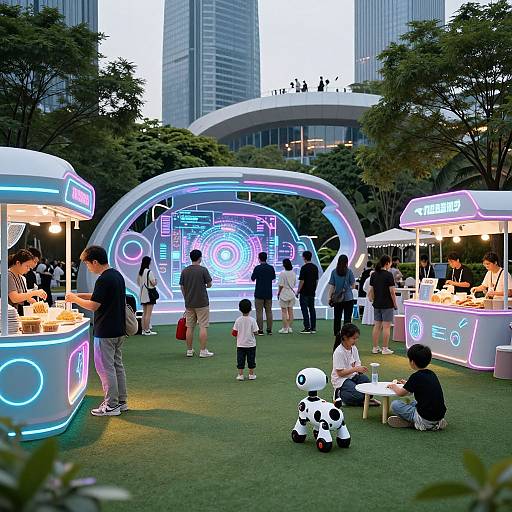 Photograph of an evening outdoor tech fair with neon-lit booths, people, and children, featuring a large holographic display and tall skyscrapers