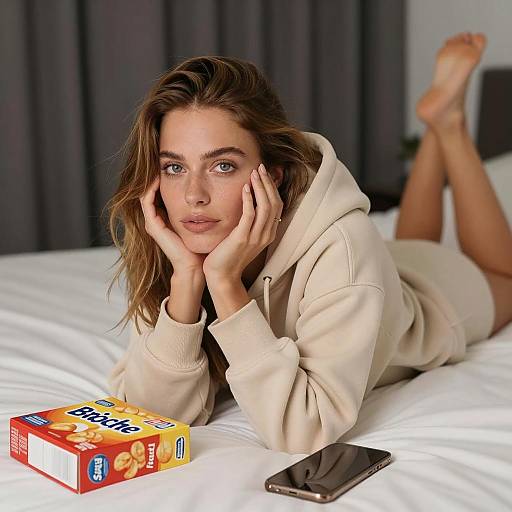Young woman lying on bed with Brioche Crisps and smartphone