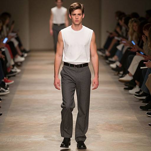 Photograph of a male model with short brown hair, wearing a white sleeveless shirt, black belt, and gray pants, walking down a runway,
