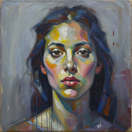 Abstract, colorful painting of a woman's face with deep blue and yellow hues, intense brown eyes, and red lips, against a textured gray background.