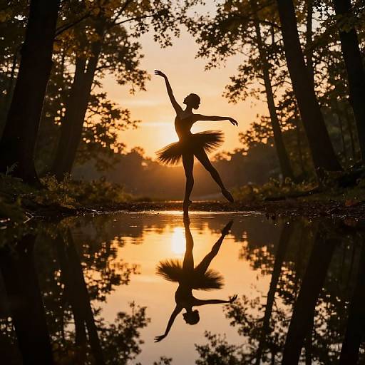 Silhouetted ballerina in tutu, arms raised, reflected in serene forest pond at sunset, surrounded by tall trees. Golden light enhances