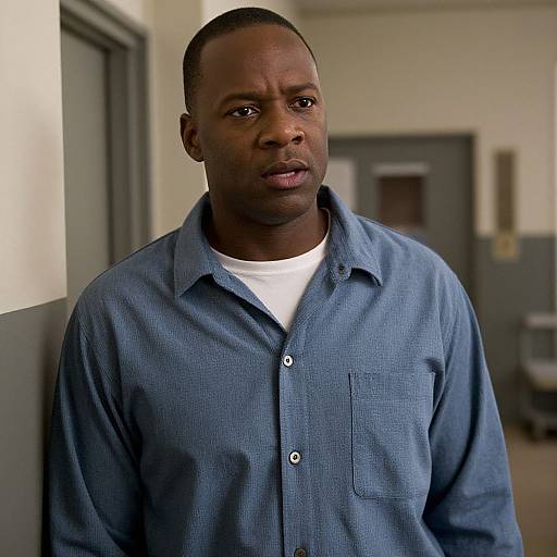 Photograph of a serious-looking Black man with short hair, wearing a blue button-up shirt over a white t-shirt, standing in a dimly lit