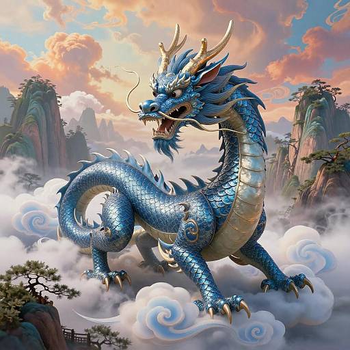 Majestic Blue Dragon in Fantasy Landscape