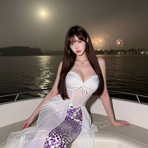 Photograph of a fair-skinned, long-haired Asian woman in a white, strapless, corset-style dress with purple sequins, sitting on