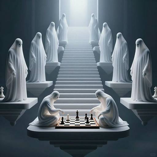 Digital artwork of ghostly white statues playing chess on a glowing staircase, surrounded by ethereal figures in a dark, mystical setting.