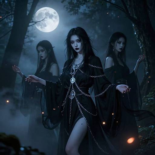 Digital fantasy artwork of three pale, dark-haired women in black, chain-adorned robes, under a full moon in a misty forest.