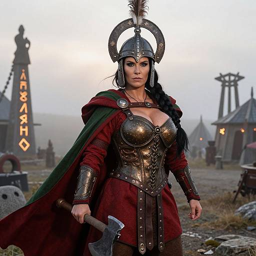Photograph of a fierce, dark-haired woman in Viking armor with large breasts, holding an axe, standing in a foggy, medieval village.