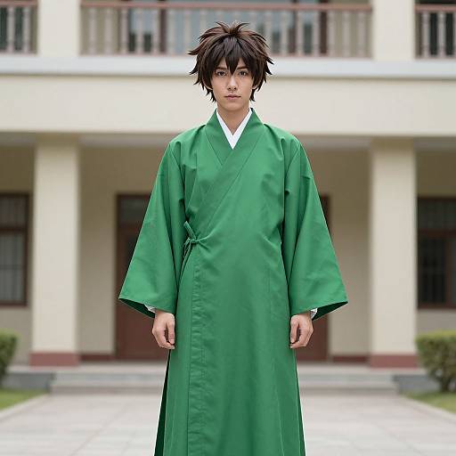 Photograph of an Asian man with spiky black hair, wearing a green traditional robe, standing in front of a cream-colored building with red trim.
