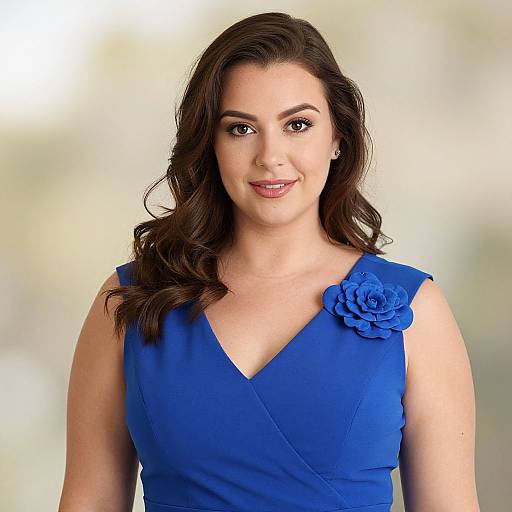 Photograph of a smiling woman with wavy brown hair, wearing a vibrant blue sleeveless dress with a blue rose brooch, against a softly blurred