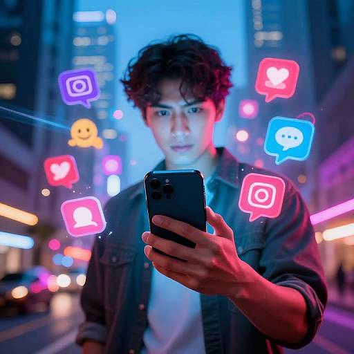 Photograph of a young Asian man with curly hair, wearing a dark jacket, taking a selfie in a neon-lit urban street, with colorful app