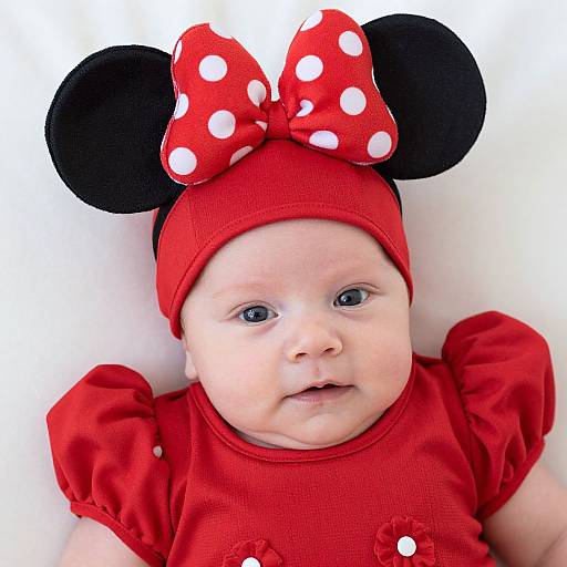 Photograph of a baby with fair skin, blue eyes, wearing a red Minnie Mouse outfit with polka-dot bow and black ears, against a