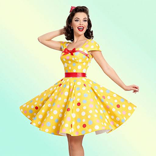 Photograph of a smiling, fair-skinned woman in a yellow polka dot dress with red bow, red belt, and red lipstick, against a
