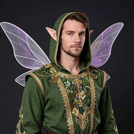 Photograph of a handsome, light-skinned man with pointed elf ears, wearing a green, gold-embroidered hooded robe with transparent butterfly