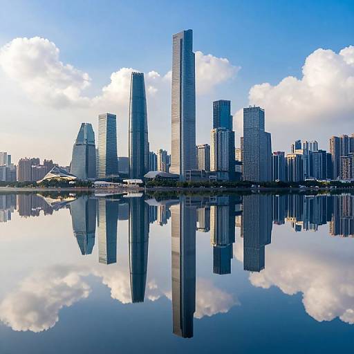 Photograph of a modern city skyline with tall skyscrapers reflected in a calm, mirror-like water surface under a clear blue sky with fluffy clouds.