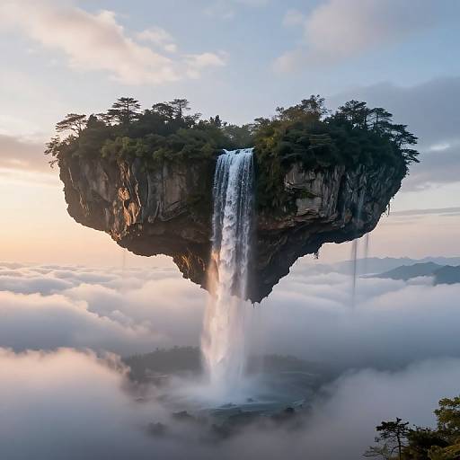 Photograph of a floating rock island with a tall waterfall cascading into a sea of clouds, surrounded by a sunset sky.