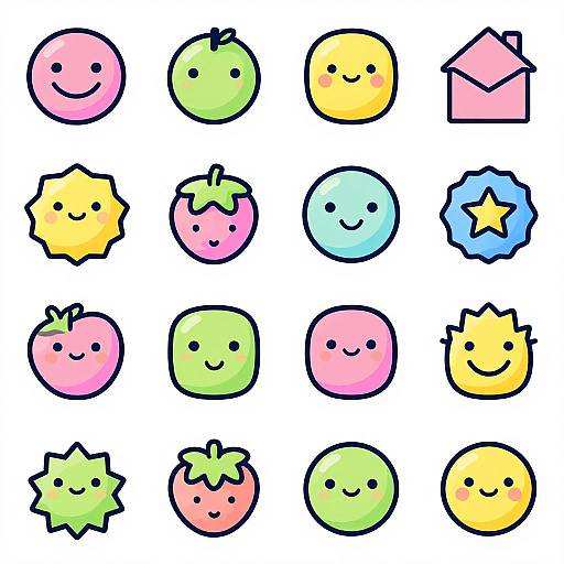 Cute, colorful, cartoon-style emojis in a grid: pink, green, yellow circles; smiling star, envelope; pink, green, blue fruits