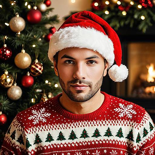 Man in Santa Hat and Christmas Sweater