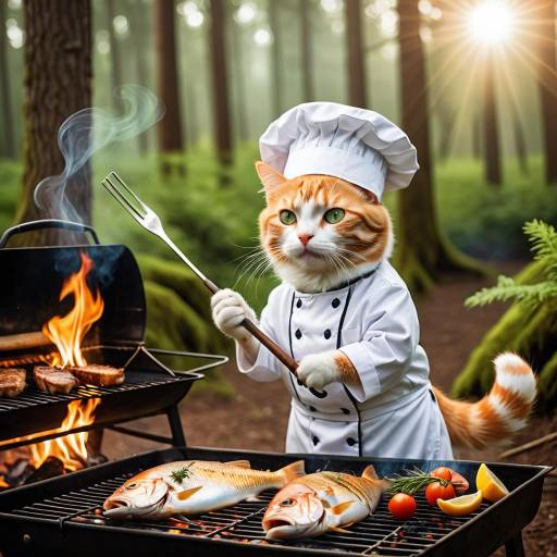 Whimsical Tabby Chef Grilling in the Forest