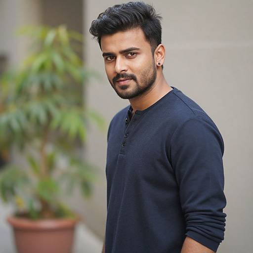 Photograph of a handsome Indian man with short black hair, trimmed beard, and dark eyes, wearing a black long-sleeve Henley shirt,