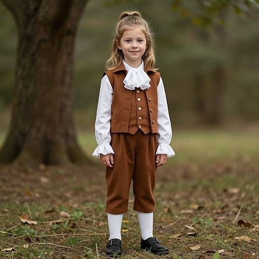 Photograph of a young girl with blonde hair in a ponytail, wearing a brown velvet vest, white shirt, brown pants, white socks, and
