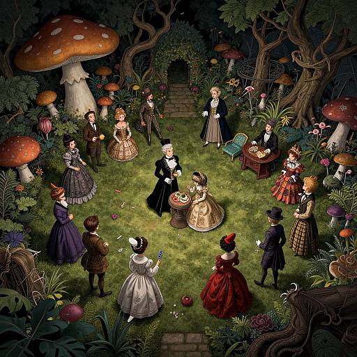 Whimsical fairy tale illustration of Victorian-era children and adults in ornate dresses, playing and chatting in a dark, enchanted forest with giant mushrooms and