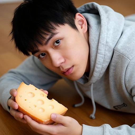 Photograph of a young Asian man with short black hair, wearing a gray hoodie, lying on a wooden floor, holding a slice of orange bread,