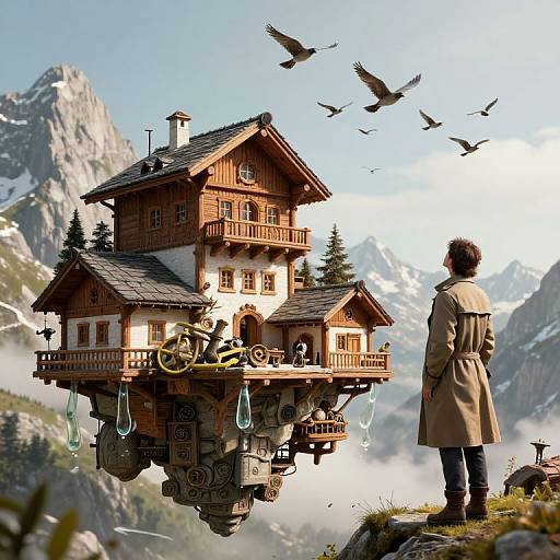 Digital artwork of a man in a trench coat, standing on a mountain, gazing at a floating, wooden alpine house with birds flying above,