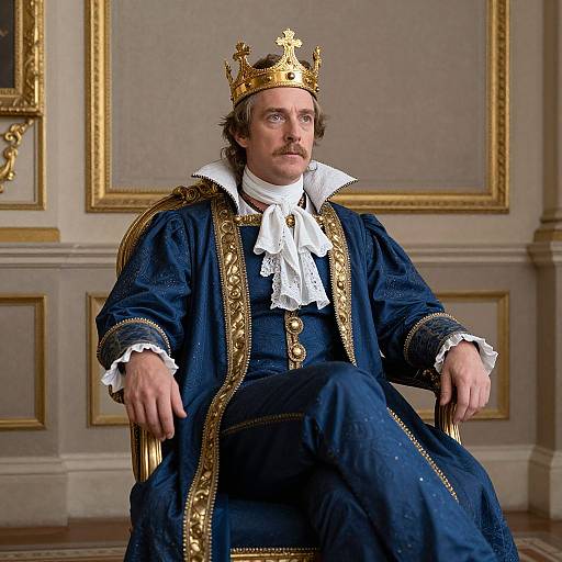Photograph of a middle-aged white man with a mustache, wearing a gold crown, blue royal robe with gold trim, and white ruffled collar