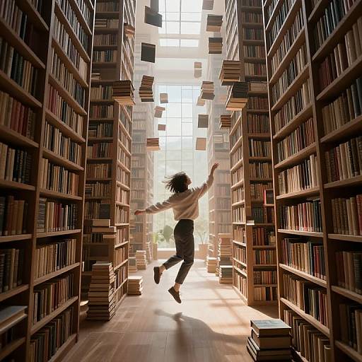 Photograph of a woman with curly hair, white shirt, and black pants, joyfully jumping between tall, wooden bookshelves in a sunlit