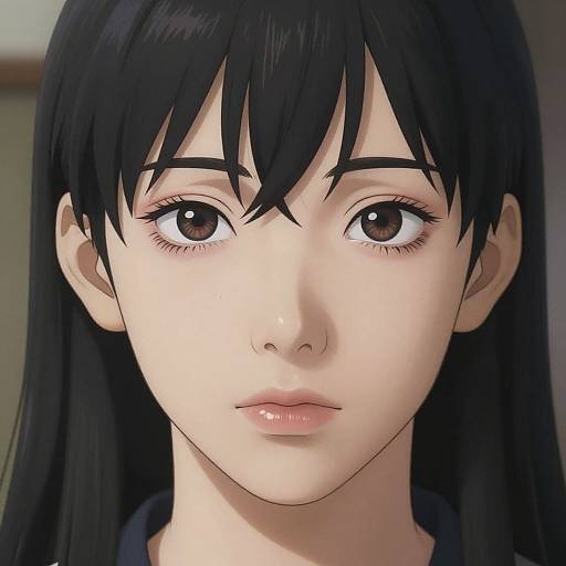 Anime-style digital drawing of a young woman with long black hair, large brown eyes, fair skin, and a neutral expression.