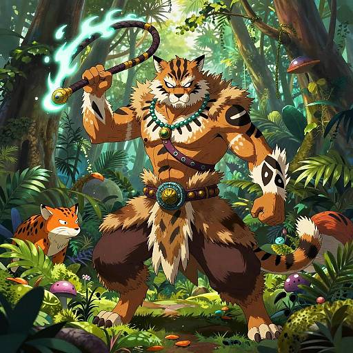 Digital artwork of a muscular, anthropomorphic tiger warrior with glowing blue staff, tribal necklace, and fur loincloth, surrounded by lush jungle and a