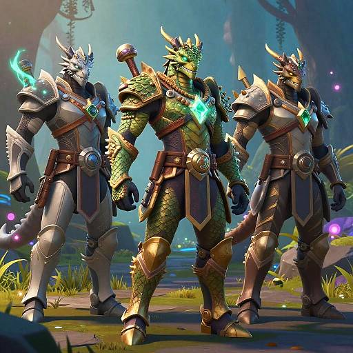 Three armored, dragon-like warriors with glowing blue energy, scales, and horns stand in a mystical forest, illuminated by sunlight. Digital artwork.