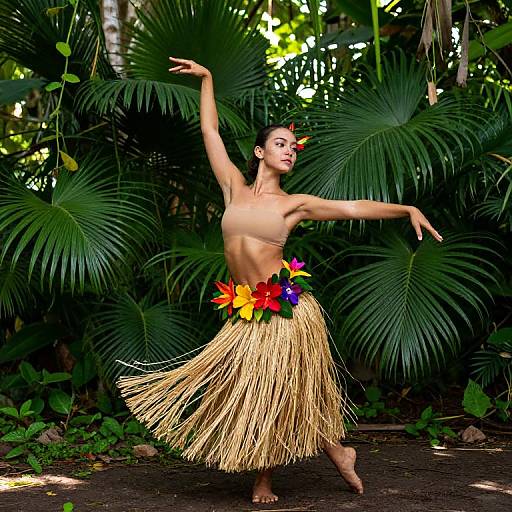 Photograph of a shirtless, dark-haired man dancing in a tropical forest, wearing a grass hula skirt adorned with bright flowers, with arms gracefully