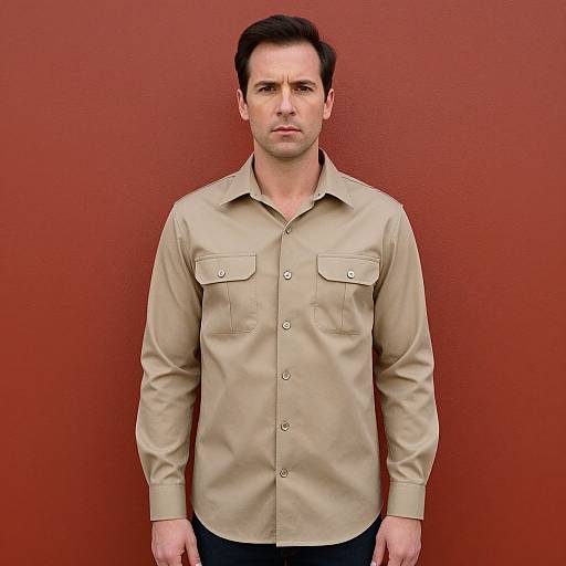 Photograph of a serious-looking, medium-build man with short dark hair, wearing a beige long-sleeve shirt with chest pockets, standing against a