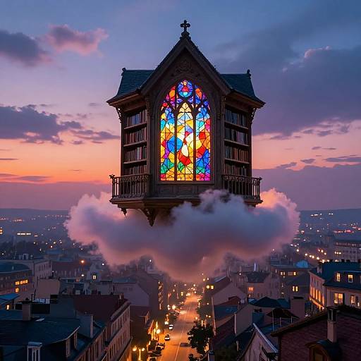 Photograph of a gothic-style church with a vibrant stained-glass window floating above a city at sunset, surrounded by clouds.