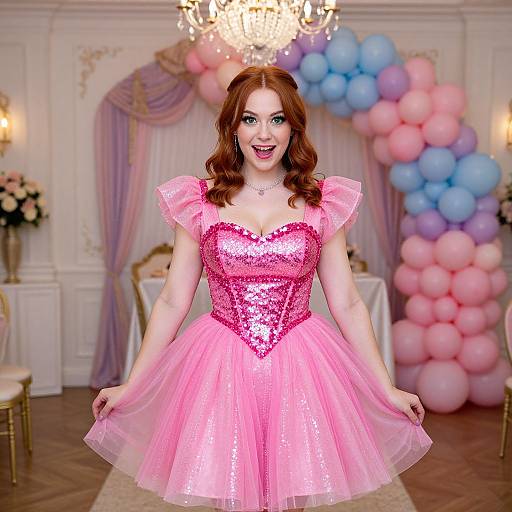 Photograph of a smiling redhead woman in a pink sequined heart-shaped bodice and tulle skirt, standing in an elegant ballroom with pastel
