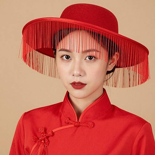 Photograph of an Asian woman with fair skin, red lipstick, wearing a red fringe hat and matching red cheongsam against a beige background.
