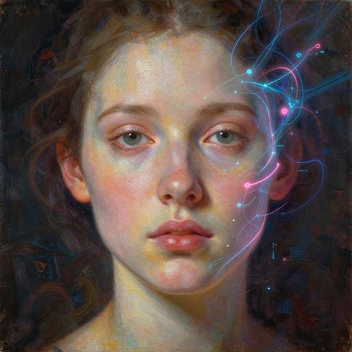 Digital painting of a young woman with fair skin, blue eyes, and brown hair, featuring glowing, neon blue and pink lines on the right side of