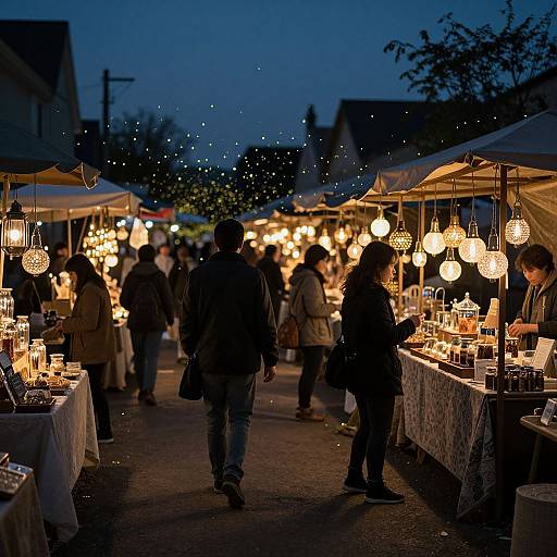 Photograph of a twilight outdoor market, illuminated by countless hanging paper lanterns, with shoppers browsing under canopy-covered stalls.