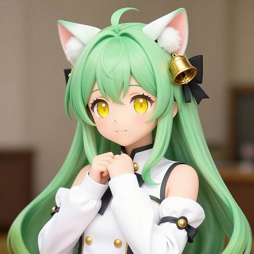Anime-style digital illustration of a cute girl with long green hair, yellow eyes, white cat ears, and a white outfit with black accents, holding her